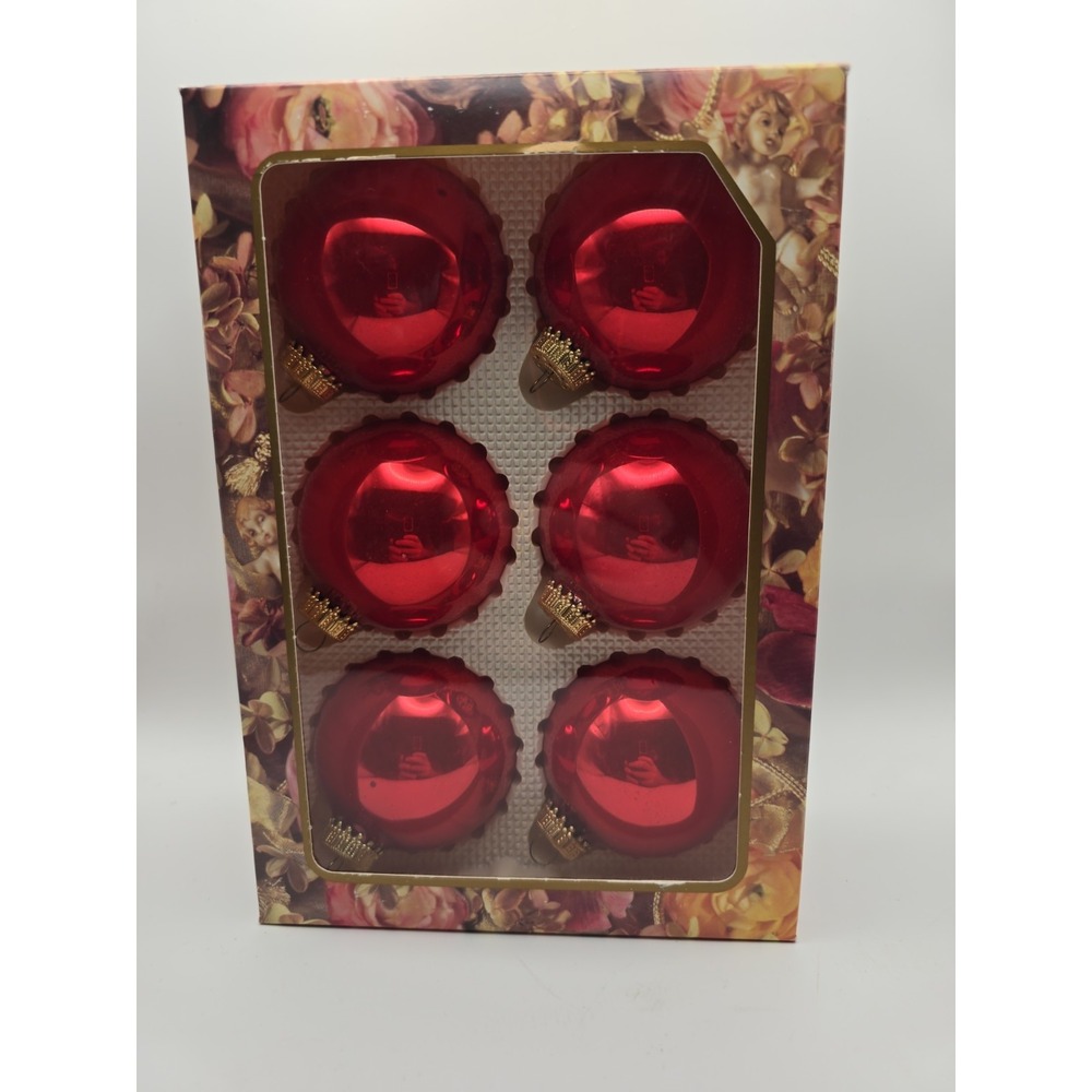 6 Red Christmas By Krebs Glass Ball Ornaments Golden Crown Top 2 1/2" Vintage